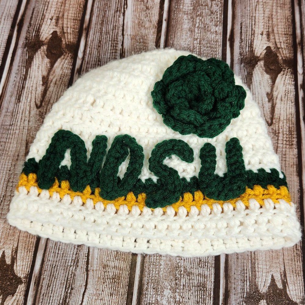 Handmade Crocheted Knitted Girls NDSU Bison Football White Green Gold Beanie Hat